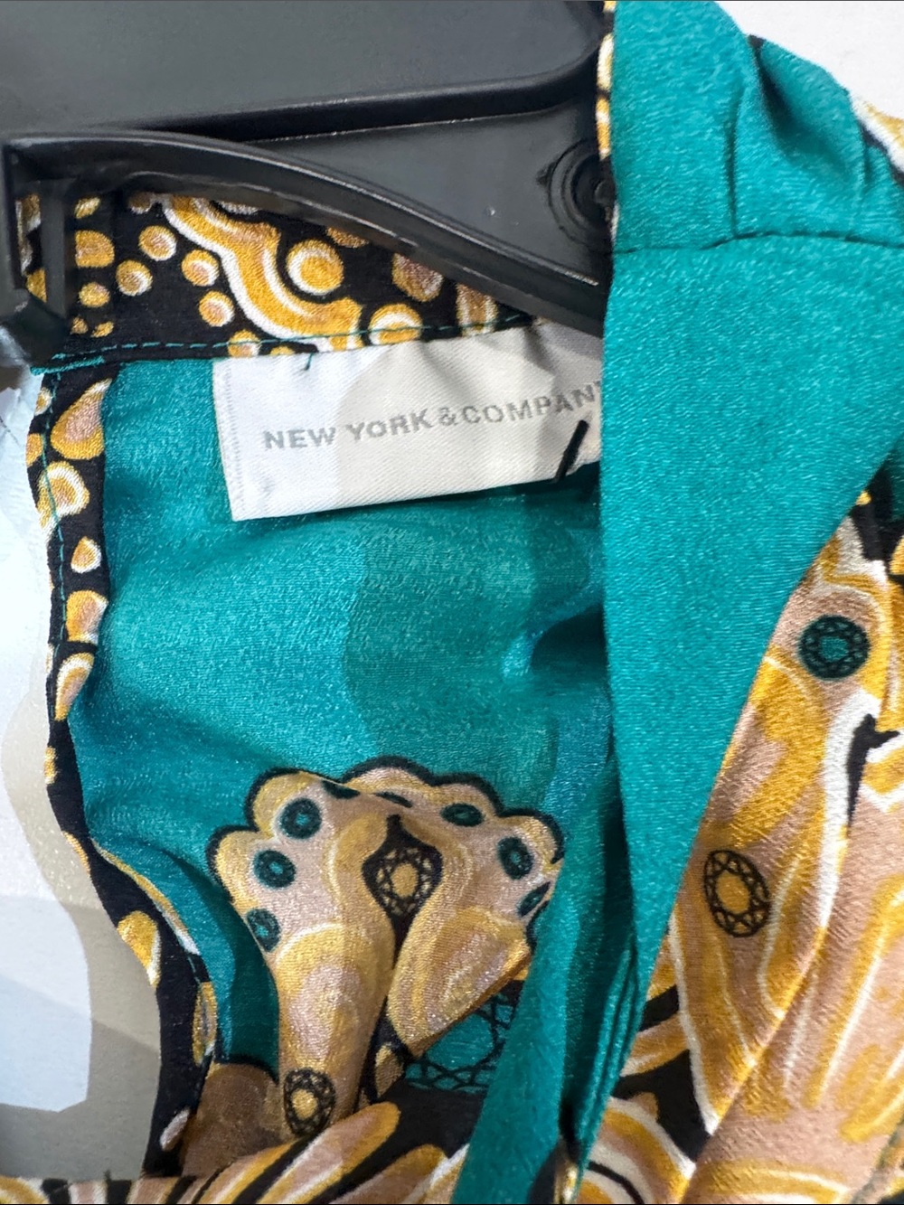 New York & Company Teal and Gold Tie-Neck Sleeveless Camisole - Picture 2 of 5